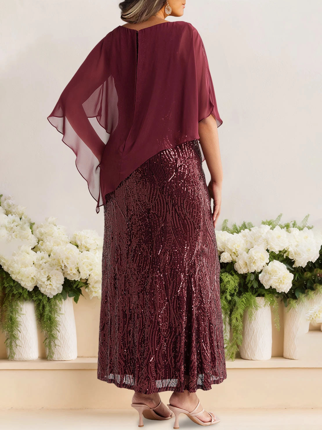 Roselledress asymmetrical chiffon cape sequin maxi plus size dress back view, back zipper wedding formal dress
