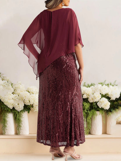 Roselledress asymmetrical chiffon cape sequin maxi plus size dress back view, back zipper wedding formal dress