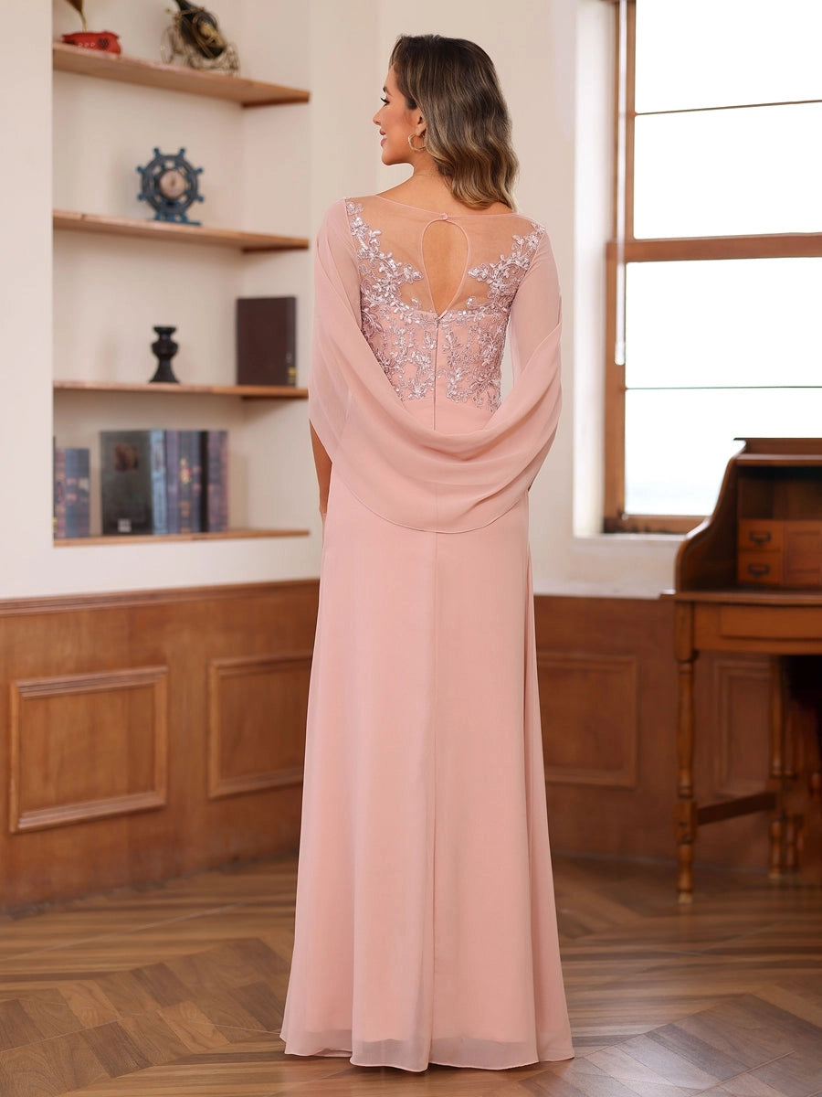 back view Roselledress curvy pink chiffon gown keyhole lace zip back wedding guest long dress