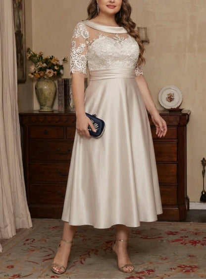 Roselledress Lace Satin A-Line Cowl Neck Half Sleeve V Back Midi Length Plus Size Mother Of The Bride Dress
