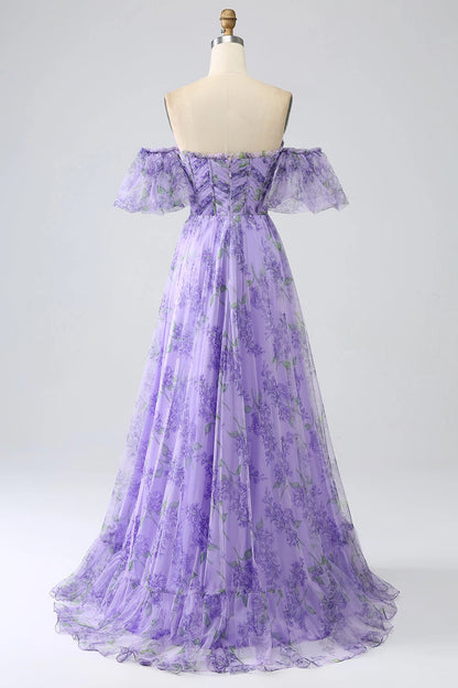Back view Roselledress lavender plus size prom dress zipper back corset bodice floral print sweep train formal dress