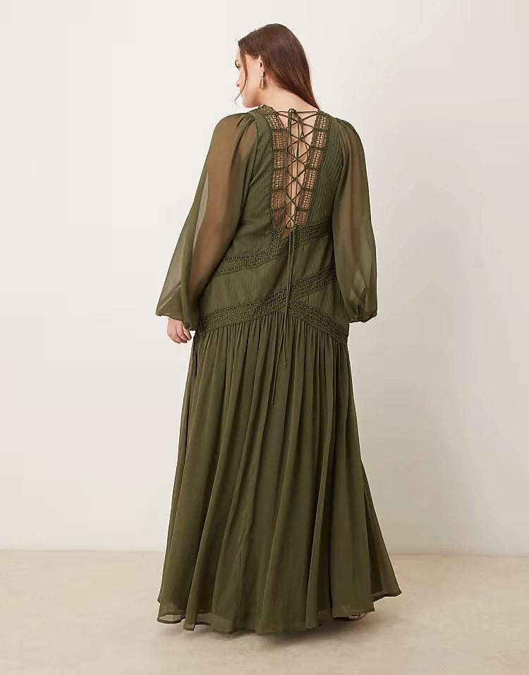 roselledress plus size olive green maxi dress crisscross lace‑up back long sleeve boho wedding guest dress back view