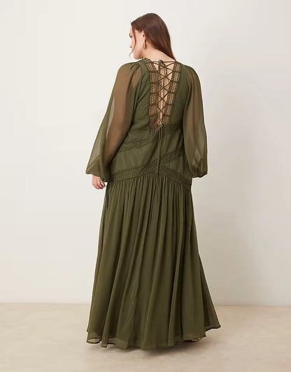 roselledress plus size olive green maxi dress crisscross lace‑up back long sleeve boho wedding guest dress back view