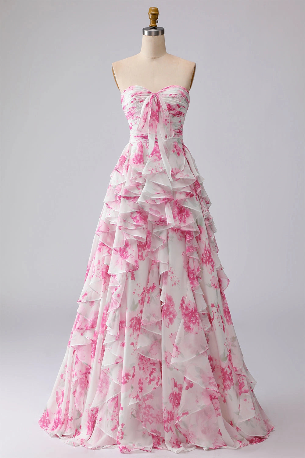 Plus Size Floral‑Print A‑Line Strapless Sleeveless Zip‑Back Floor‑Length Prom Dress