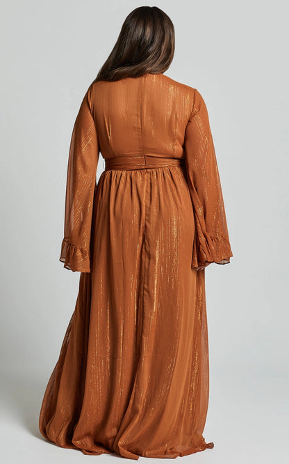 Roselledress long sleeve boho formal dress plus size shimmery chiffon flowy party dress back view