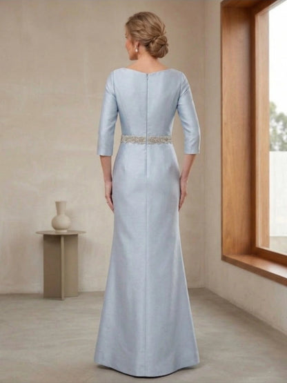 back view Roselledress curvy blue satin mermaid gown zip back modest wedding guest long dress