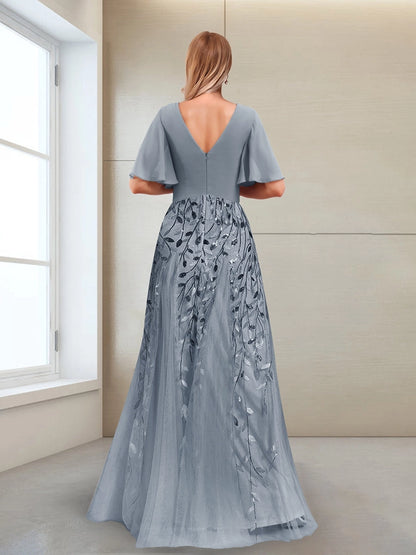 roselledress slate blue deep v back sequined tulle maxi formal mother evening dress