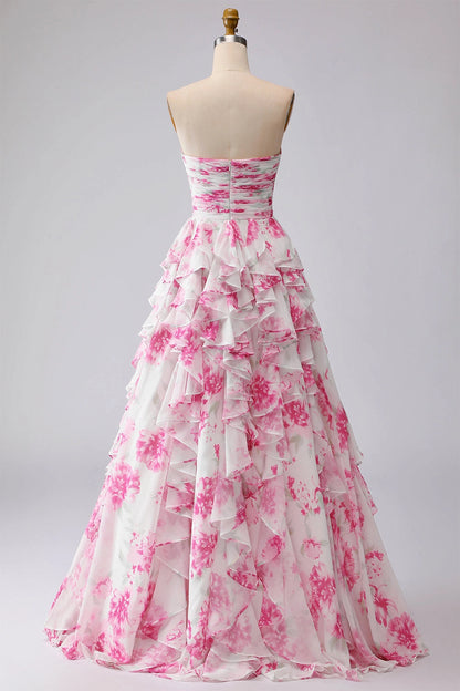 Plus Size Floral‑Print A‑Line Strapless Sleeveless Zip‑Back Floor‑Length Prom Dress
