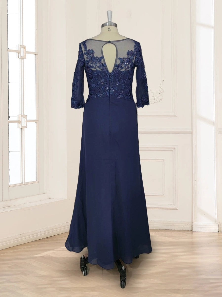 Ruched A-Line Bateau-Neck 3/4-Sleeve Keyhole-Back Floor-Length plus size Mother Of Bride Dress