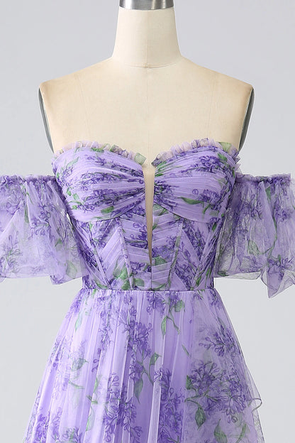 Lavender Plus‑Size A‑Line Off‑The‑Shoulder Detachable‑Sleeve Zipper‑Back Sweep‑Train Prom Dress 