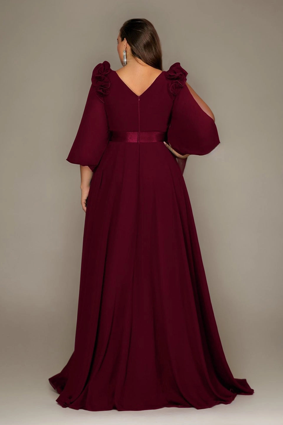 Roselledress chiffon formal maxi dress double v zipper back rear shot