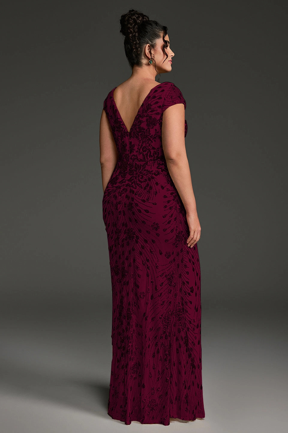 Slim Mermaid Deep V Cap-Sleeve V-Back Floor-Length Plus Size Mother Of Bride Dress