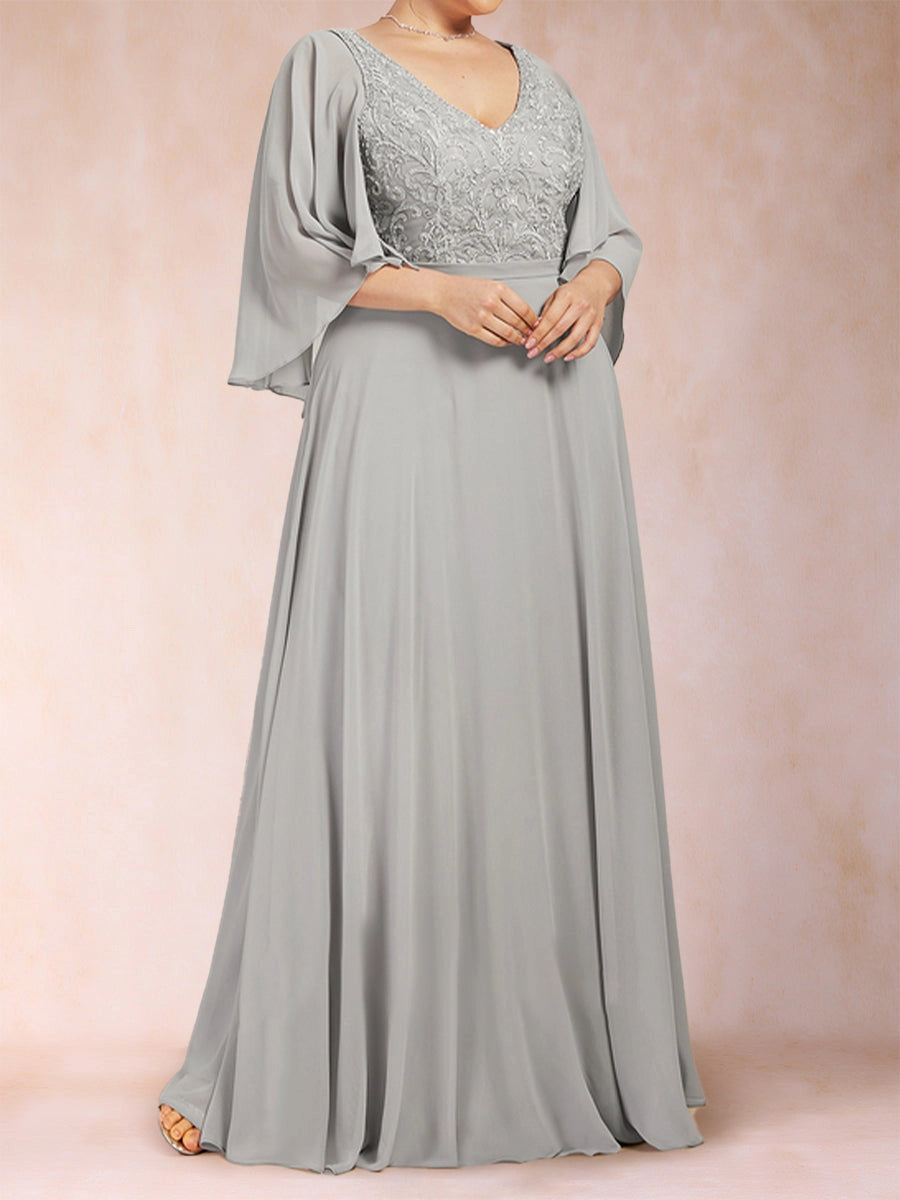 Loose A-Line V-Neck Cape-Sleeve Zip-Back Floor-Length Plus Size Mother Of Bride Dress