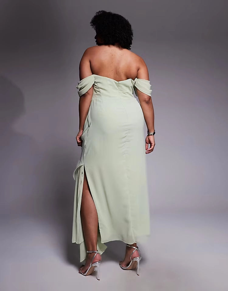 Back view of roselledress soft sage off‑shoulder ruched chiffon back‑zip high‑split plus size formal evening gown