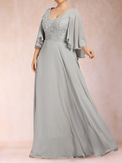 Loose A-Line V-Neck Cape-Sleeve Zip-Back Floor-Length Plus Size Mother Of Bride Dress