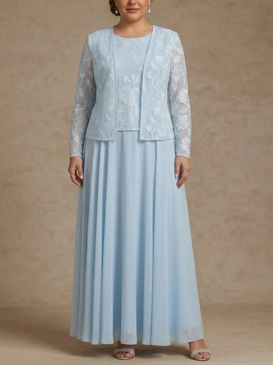 A-Line Scoop Sleeveless Lace Back Zipper Chiffon Maxi Two Piece Plus Size Mother Of Bride Dress