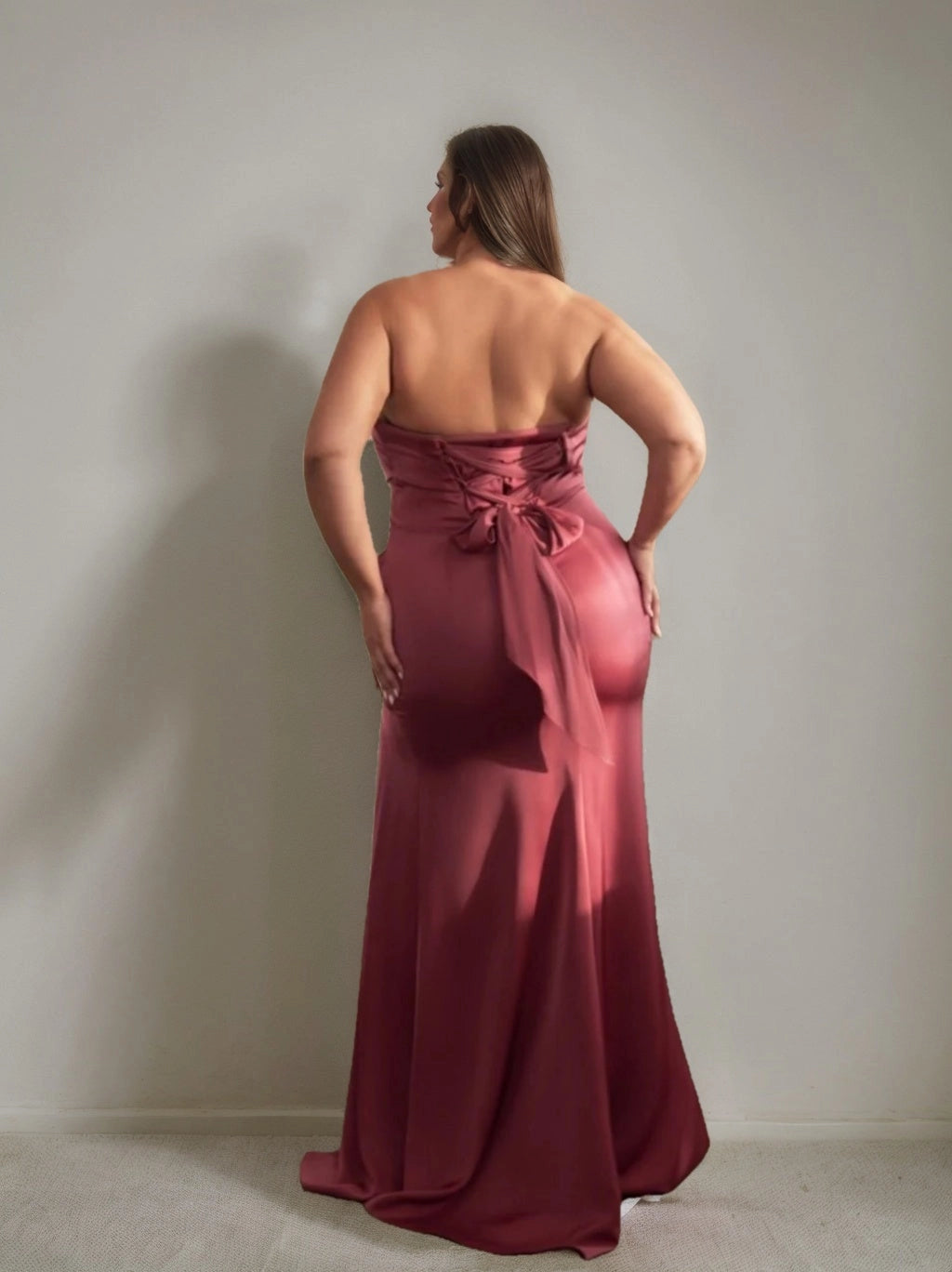 Roselle Dress plus size satin strapless mermaid prom gown, lace‑up corset tie‑back long train dress back view