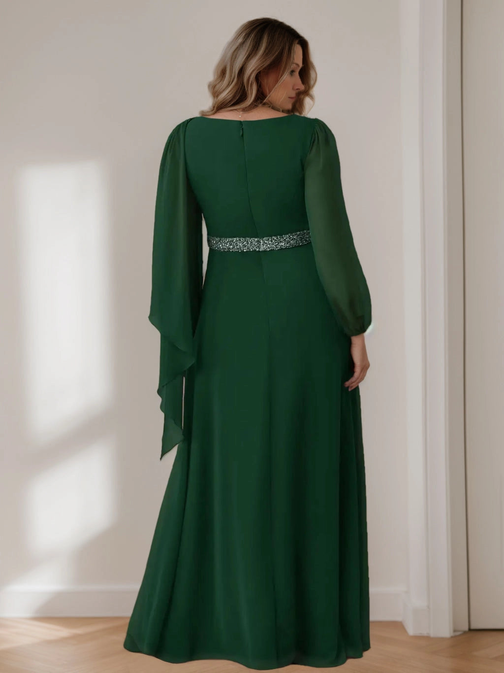 back view roselledress plus size a-line mother dress solid dark green chiffon long flowing sleeve invisible zipper matching beaded waist formal long gown