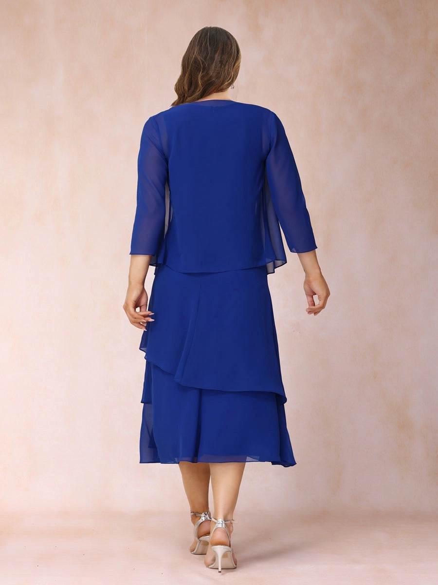 roselledress curvy royal blue mom formal dress solid modest back chiffon jacket layered midi mother of groom dress