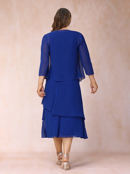 roselledress curvy royal blue mom formal dress solid modest back chiffon jacket layered midi mother of groom dress