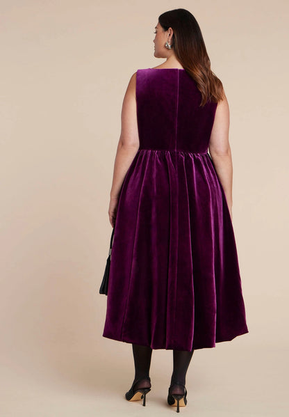 Roselle Dress plus size plum velvet high‑waist gathered midi formal wedding guest dress back view with centre‑back zipper