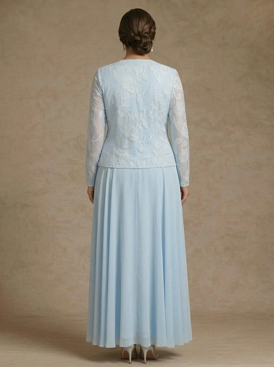 Roselledress lace formal gown plus size back zipper matching long sleeve jacket maxi dress back view