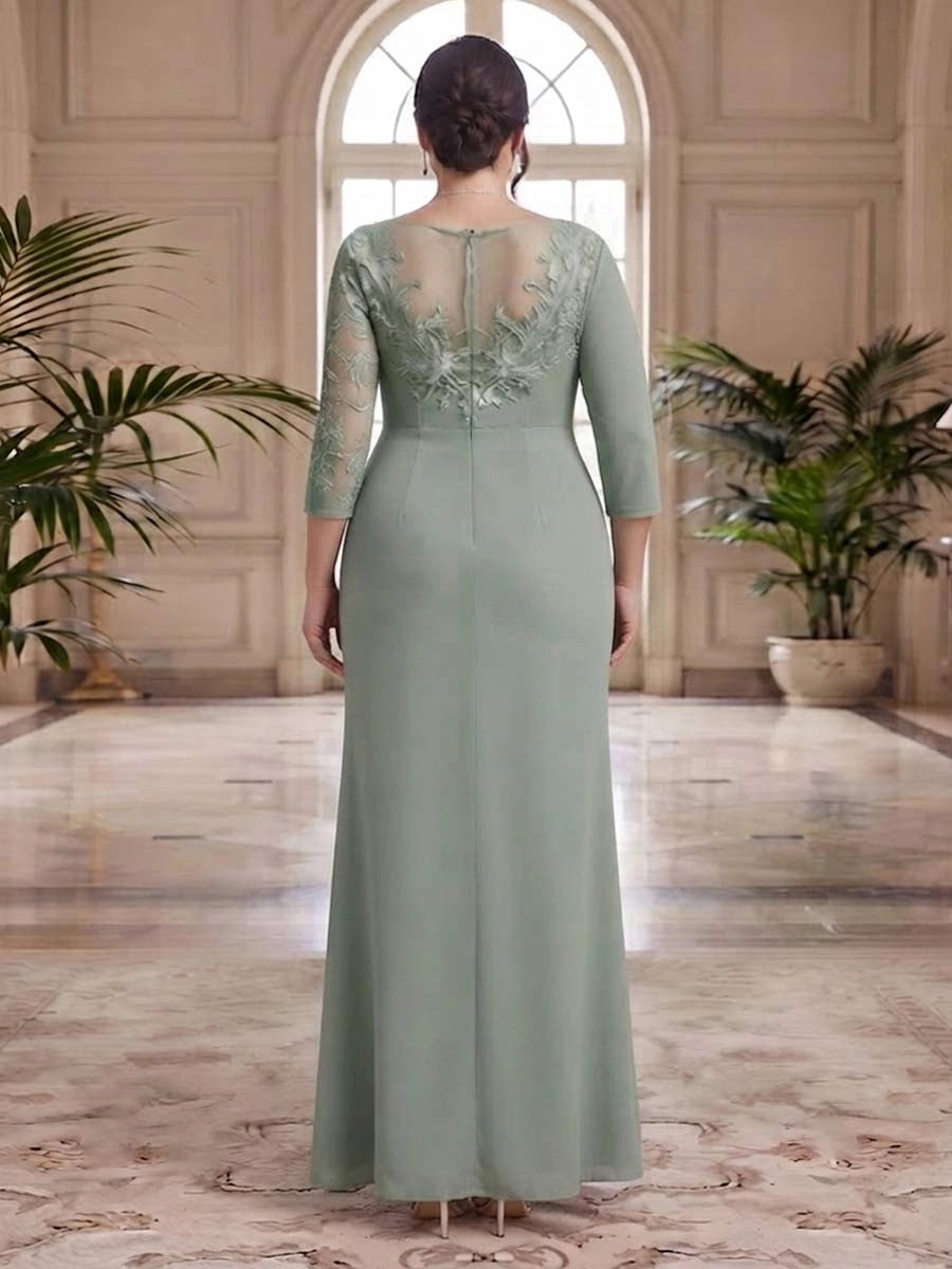RoselleDress sage green plus size formal gown illusion mesh back lace applique 3/4 sleeve back‑zipper mermaid back view