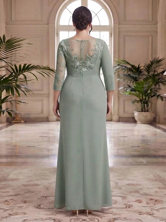 RoselleDress sage green plus size formal gown illusion mesh back lace applique 3/4 sleeve back‑zipper mermaid back view