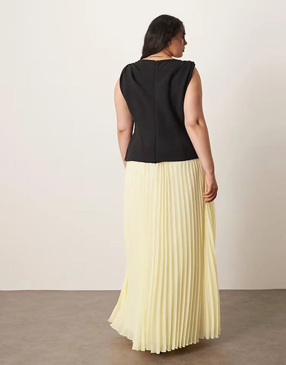 Back view of roselledress two‑tone draped sleeveless pleated chiffon back‑zip plus size formal evening maxi gown
