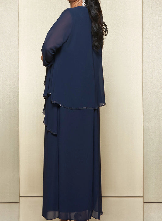 Navy blue plus size evening gown back view, round neck, center back zipper, matching long sleeve jacket and long chiffon skirt
