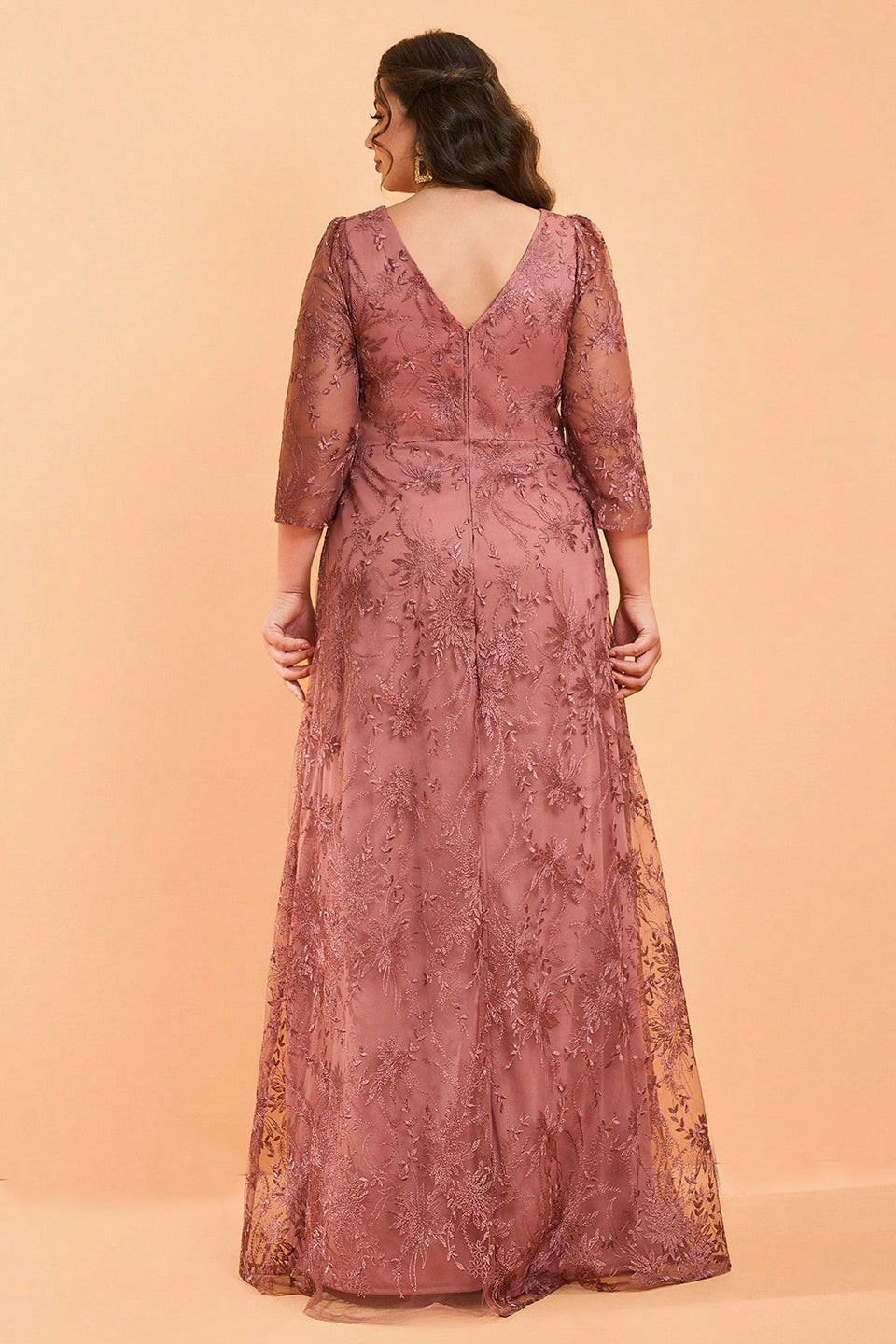 Roselledress embroidered tulle formal dress deep v zipper back curvy wedding guest gown rear view