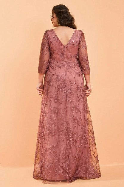 Roselledress embroidered tulle formal dress deep v zipper back curvy wedding guest gown rear view