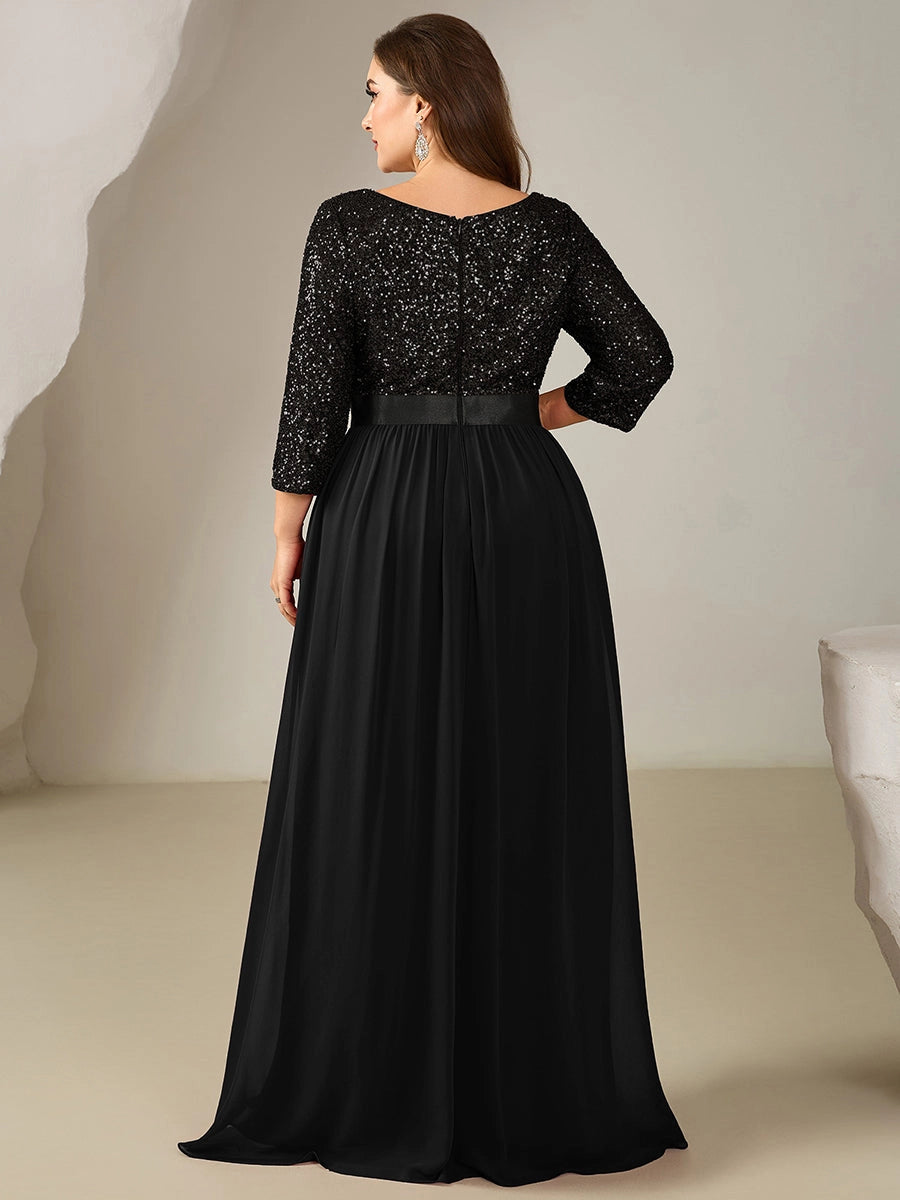 Roselledress Burgundy A Line Boat Neck 3/4 Sleeve Zip Back Floor Length Plus Size Wedding Guest Dress