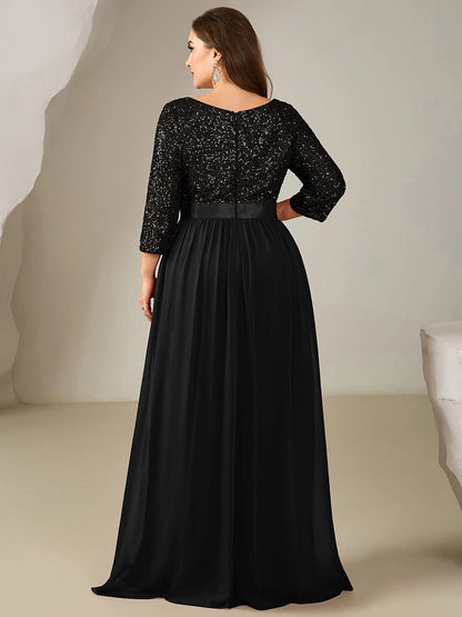 Roselledress Burgundy A Line Boat Neck 3/4 Sleeve Zip Back Floor Length Plus Size Wedding Guest Dress