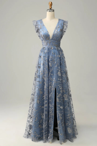 Plus Size Embroidered A‑Line Deep‑V Flutter‑Sleeve Deep‑V‑Back Sweep‑Train Prom Dress