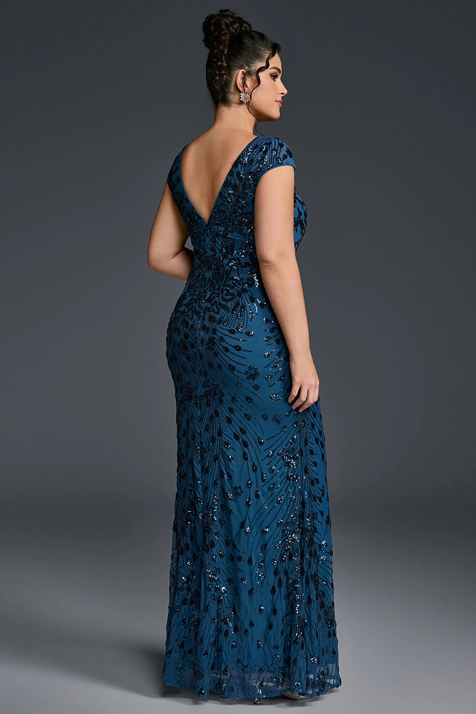Roselledress embroidered mesh evening dress deep v zipper back curvy mother of bride gown rear view