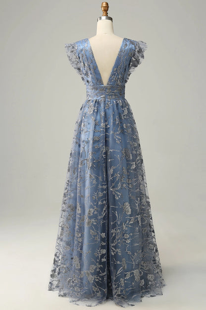 Plus Size Embroidered A‑Line Deep‑V Flutter‑Sleeve Deep‑V‑Back Sweep‑Train Prom Dress
