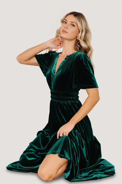 Emerald A‑Line V‑Neck Short‑Sleeve Smocked‑Back Floor‑Length Mother Of Bride Dress