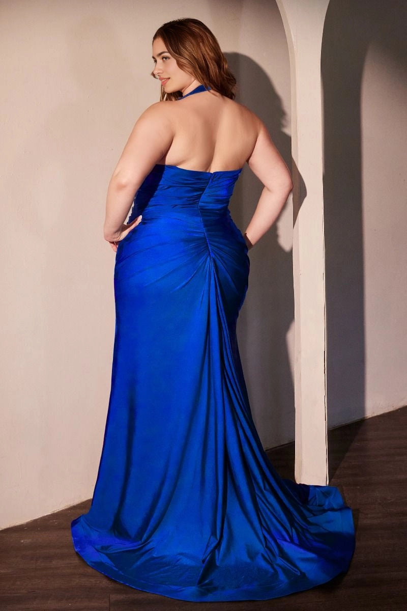 back view Roselledress curvy satin open back plus size wedding guest gown gathered ruched zip train