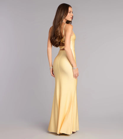 Burgundy Satin Mermaid Twist V-Neck Sleeveless Twist Cutout Back Maxi Prom Dress