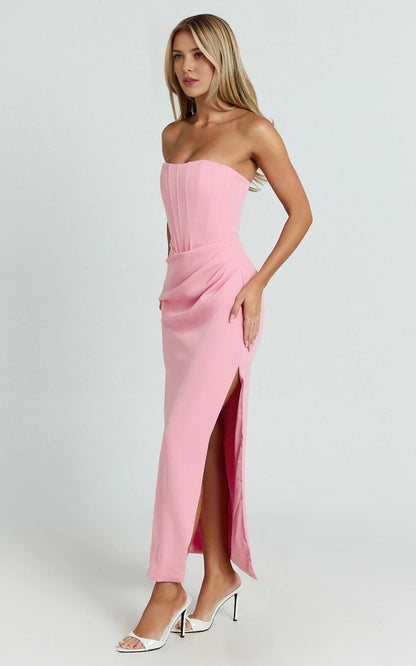 Sleek Sheath Strapless Straight Back Zipper Back Plus Size Corset Slit Midi Prom Dress