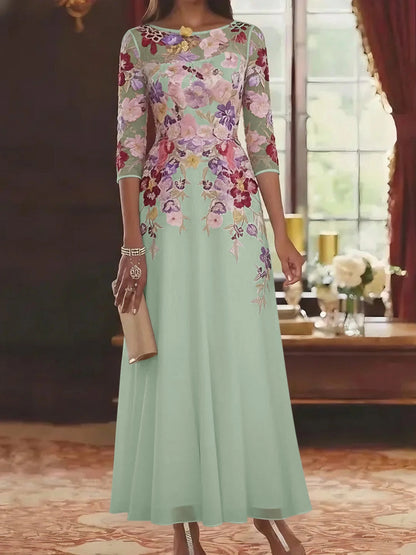 Romantic A-Line Bateau Neck Three-Quarter-Sleeve Illusion-Back Floor-Length Mother of the Bride Dresses