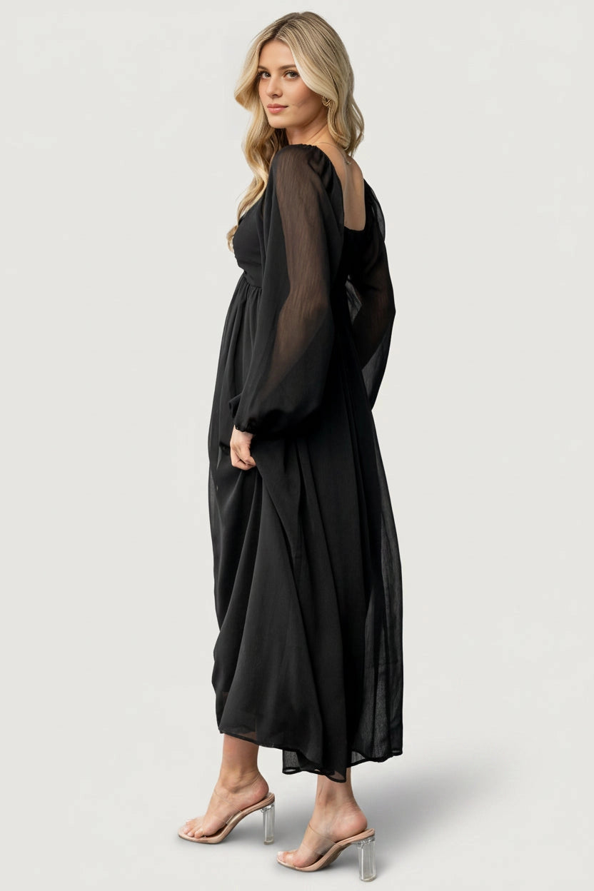 Flowy Midi V-Neck Twist Long Sleeve Smocked-Back Mother Of Bride Dress