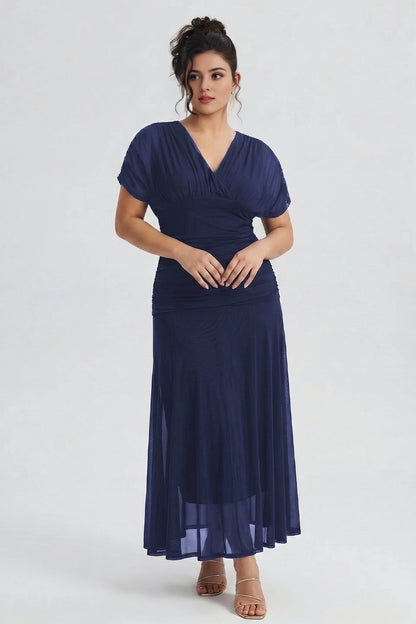 Chic Plus Size A‑Line Surplice‑V Flutter‑Sleeve Ruched‑Back Midi Mother Of Bride Dress
