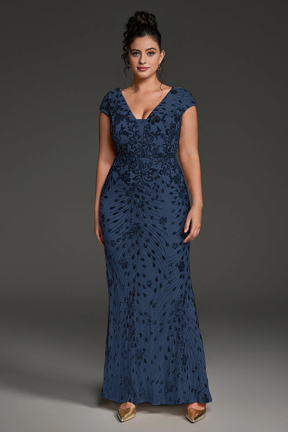 Roselledress teal sequin plus size mermaid gown front deep v cap sleeve formal dress shot
