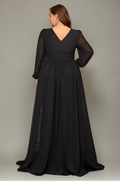 Plus Size Burgundy A Line V Neck Long Sleeve V‑Zip Back Long Prom Dress