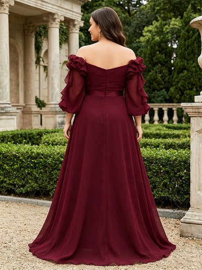 Roselledress plus size chiffon prom dress back view, off-shoulder v-back zipper burgundy floor length evening dress