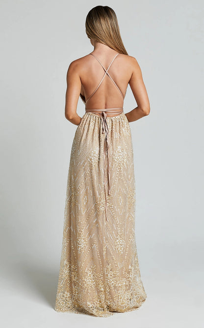 Roselledress sequin formal dress plus size criss cross tie back maxi party dress with high slit back view