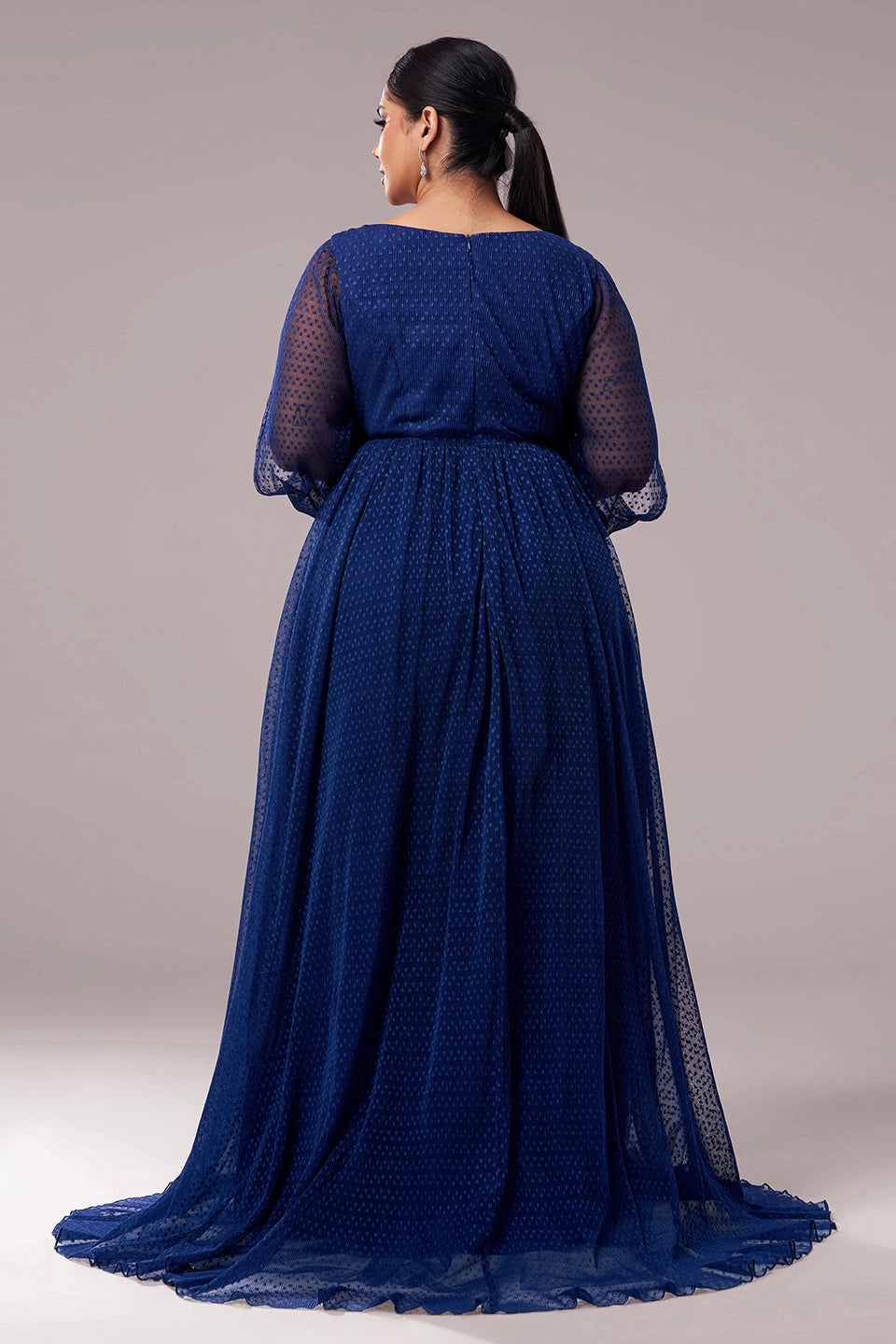 Back view Vedress royal blue plus size dotted tulle long prom dress closed back formal maxi gown