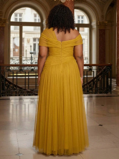 Back view roselledress asymmetric zip back off shoulder ruched tulle floor‑length plus size wedding guest gown